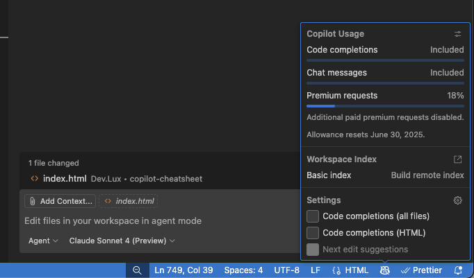 GitHub Copilot usage status screenshot